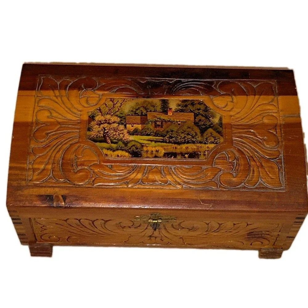Vintage Mid-Century Carved Cedar Jewelry Box with Cottage Scene Interior Mirror